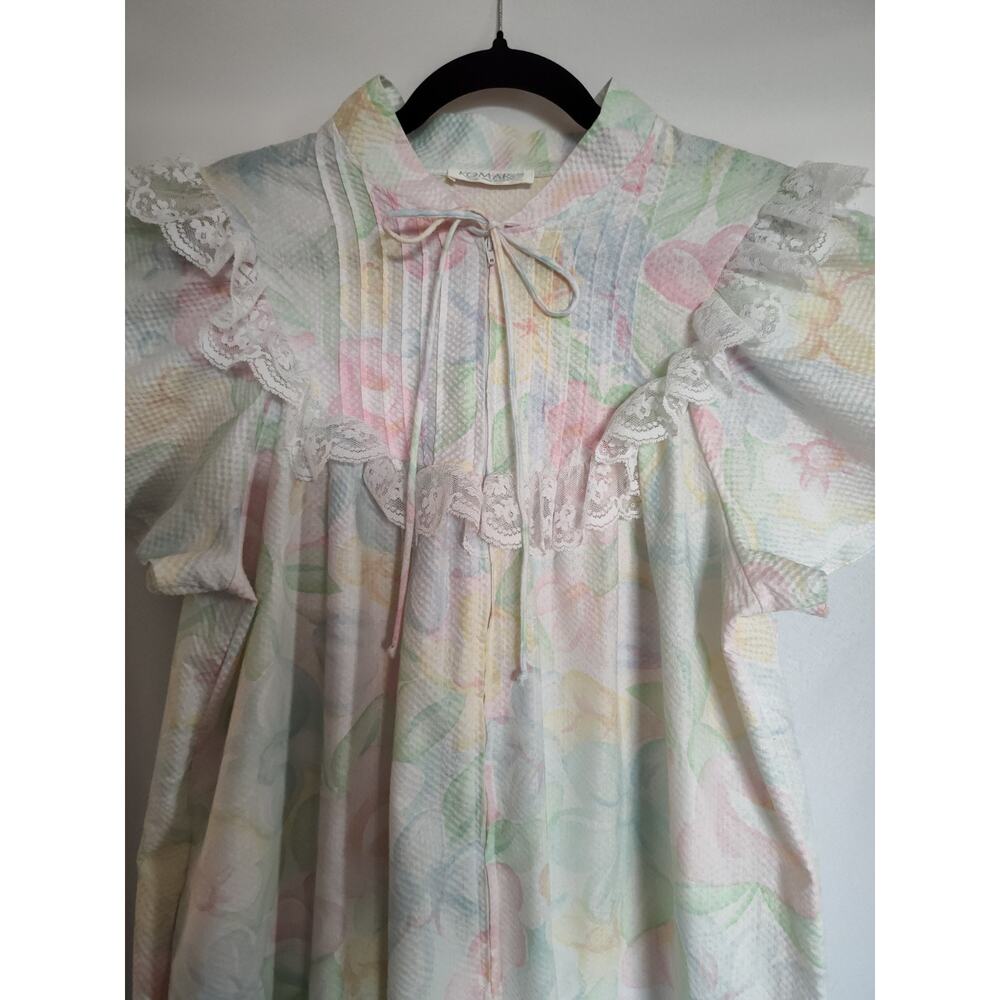 Komar Womens Floral Seersucker Cotton Lace Ruffle Collared Tie Nightgown OS - Picture 3 of 9